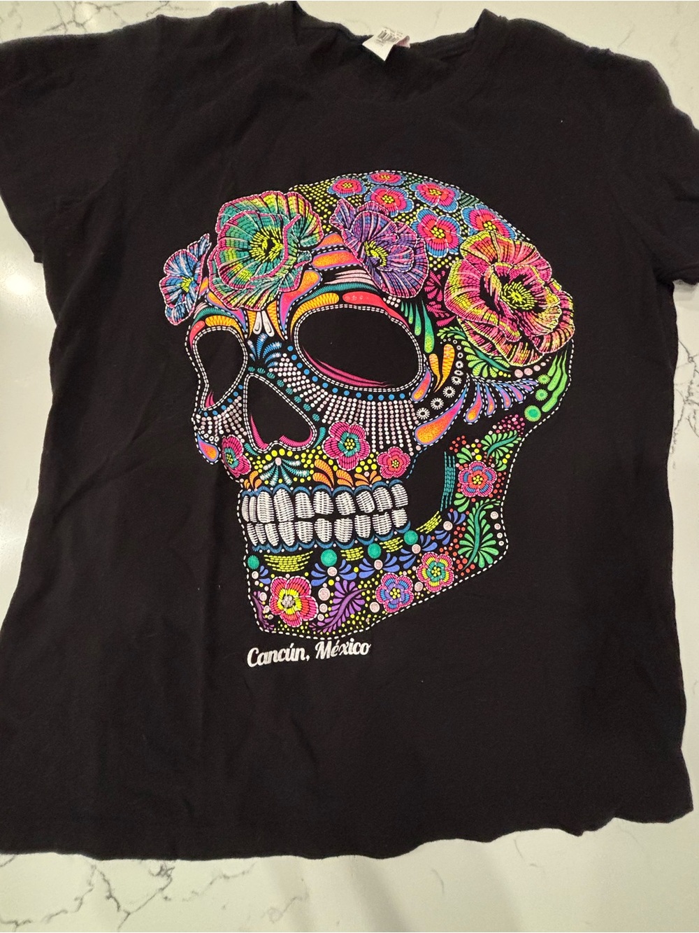 Black Tee with Colorful Floral Sugar Skull - Cancun, Mexico